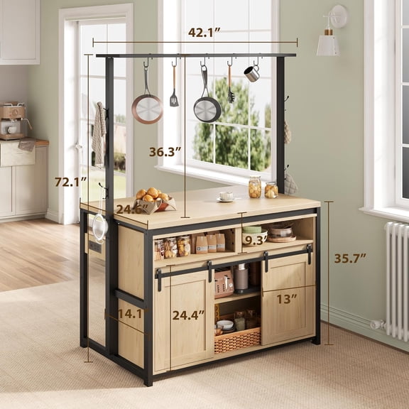 42" Kitchen Island Storage Sideboard with Sliding Barn Door, Table Island Kitchen Cabinet with 2 Side Hooks, 3-Tier Shelves, Multi-Functional Dining Storage for Living Room,41.2"x24.6"x72.1"