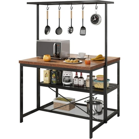 42" Kitchen Island with Power Outlets - Mobile Bakers Rack with 3 Shelves, Microwave Stand & 5 Hooks, 400lb Capacity (Natural)