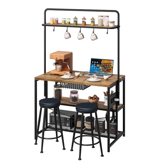 42" Kitchen Island with Seating, 3-Piece Industrial Dining Set with High Shelving Unit and 2 Stools,Space Saving Breakfast Bar for Dining Room