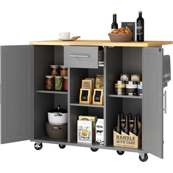 42" Kitchen Island with Storage on Wheels, Rolling Table with Drop Leaf, Drawers, Cart Handle for Towel Rack or Free Movement, Gray