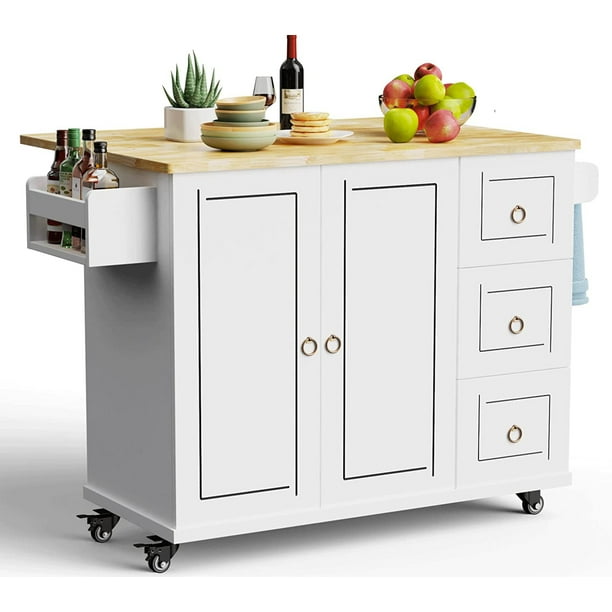 42" Kitchen Islands Cart on Wheels with Storage, White