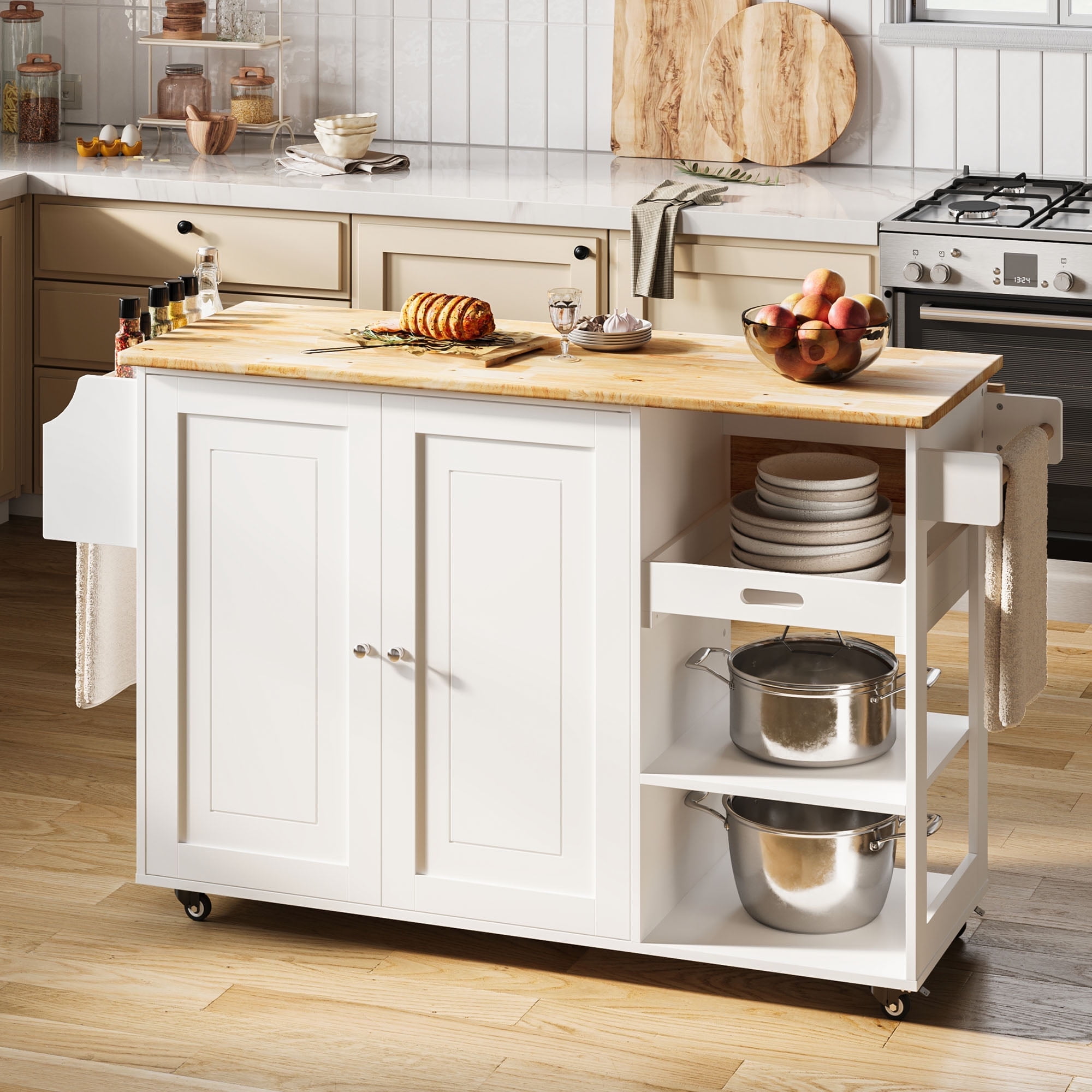 47" Kitchen Island Cart with Lockable Wheels, 3-Tier Shelves, Large Storage Cabinet, Spice Rack, and Towel Bar, White - Walmart.com