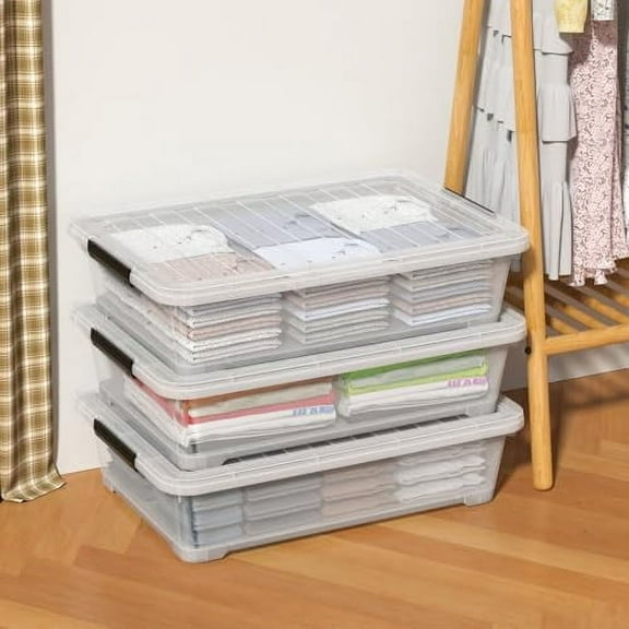42 L 3 Packs Clear Plastic Under Bed Storage Container with Lid and Wheels, Underbed Stackable Boxes