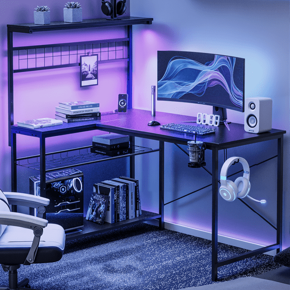 L Shaped Desk Gaming Desk with Power Outlet, 42 inch Reversible L Shaped Computer Table with Shelf & Storage Bag & Hook for Home Office, Black