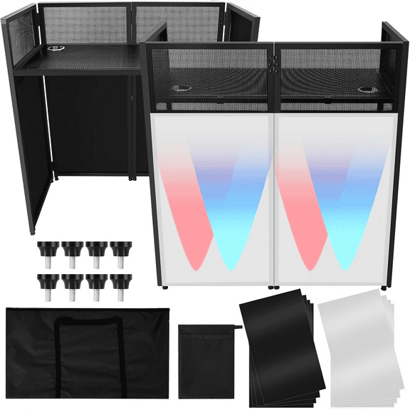 42"L x 21"W Portable DJ Booth with Black and White Lighting Scrims DJ Facade with Adjustable Feet Foldable Metal Frame DJ Table Station for Party