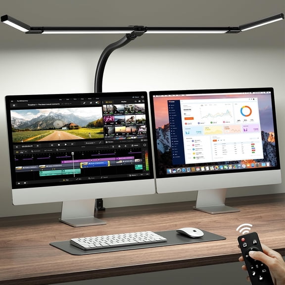 42" LED Desk Lamp for Home Office, 1800LM Eye-Caring Architect Desk Light with Clamp and Remote, 5 Colors & 5 Brightness Levels, Flexible Gooseneck, 4-Panel Light Bar for Dual Monitors, Study