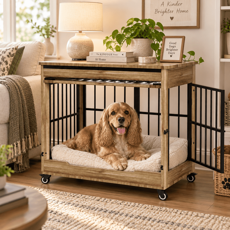 42" Large Dog Crate Furniture, Wooden Indoor Dog Kennel with Double Doors, Removable Privacy Curtain & Lockable Wheels, Decorative Pet Cage End Table for Large Breed Dogs