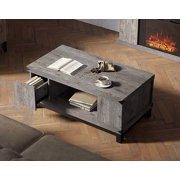 42" Large Grey Modern Farmhouse Coffee Table with 2 Drawers and Open Storage Shelf for Living Room.
