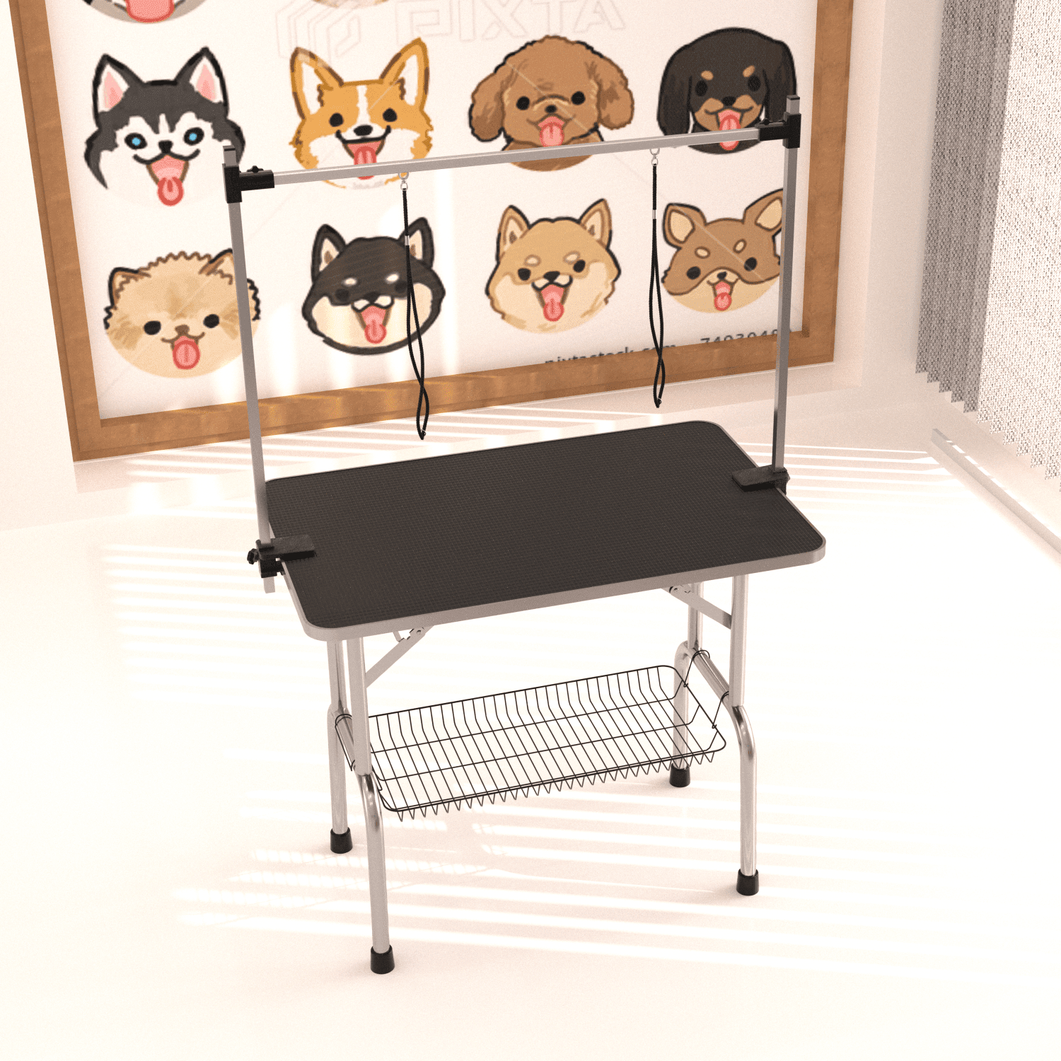 42" Large Heavy Duty Pet Grooming Table, Black Foldable Dog Cat Grooming Station with Adjustable Arm, Noose & Storage Basket, Stainless Steel Frame