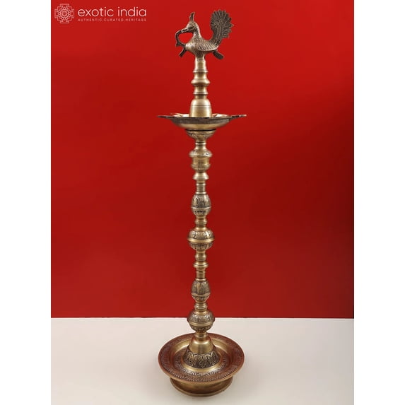 42 Inch Large Peacock Lamp Brass - Handmade Decorative Oil Lamp