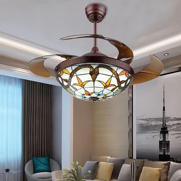 42 "Large chandelier ceiling fan with light, LED dimmable crystal ceiling fan with remote control retractable chandelier fan for bedroom, living room, dining room - gold