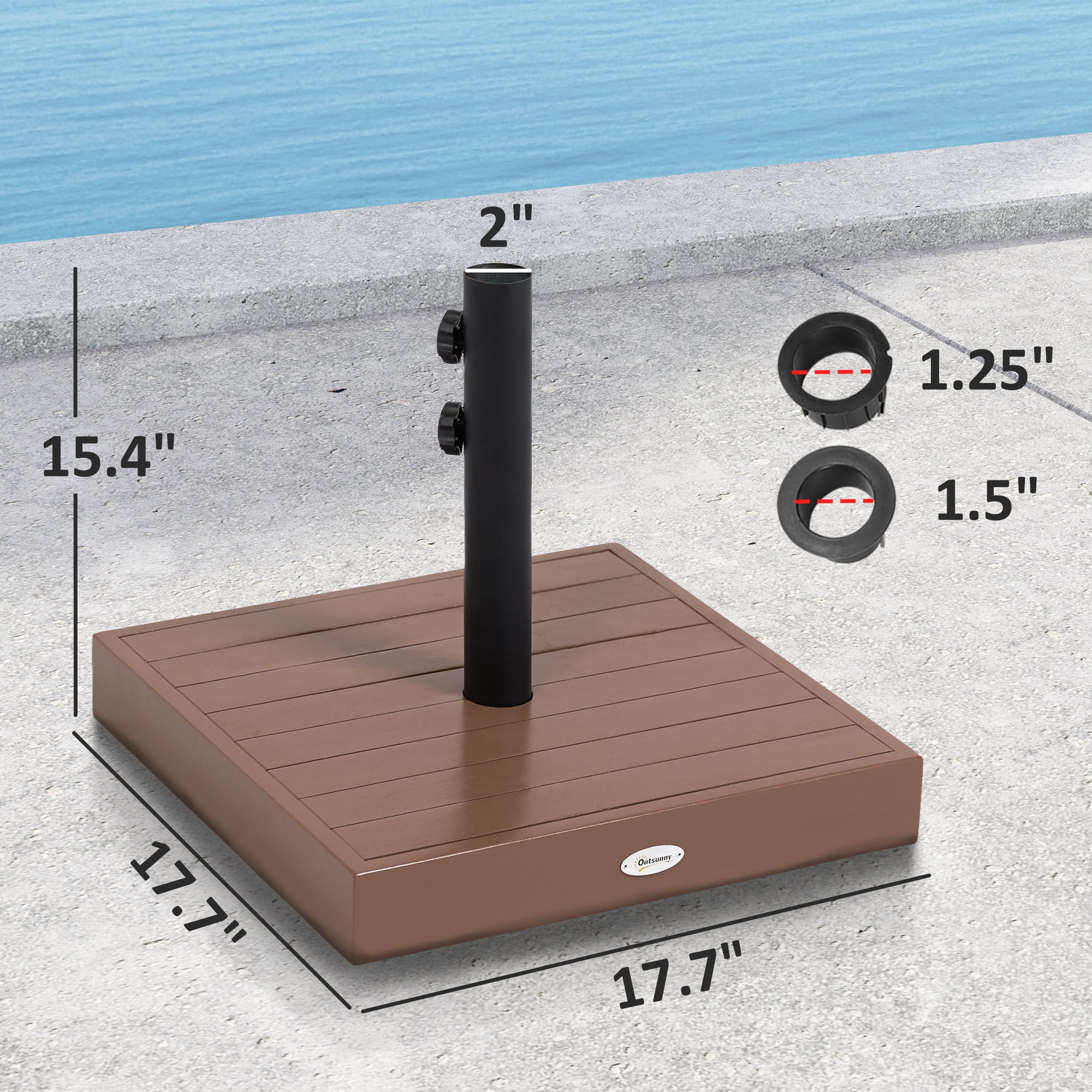 42 Lbs Weighted Acacia Wood Umbrella Base Concrete Filled Patio Umbrella Stand for Outdoor Market Umbrella with 1.25 1.5 Inch Pole Coffee Brown Wood Grain Design 2 Locking Knobs