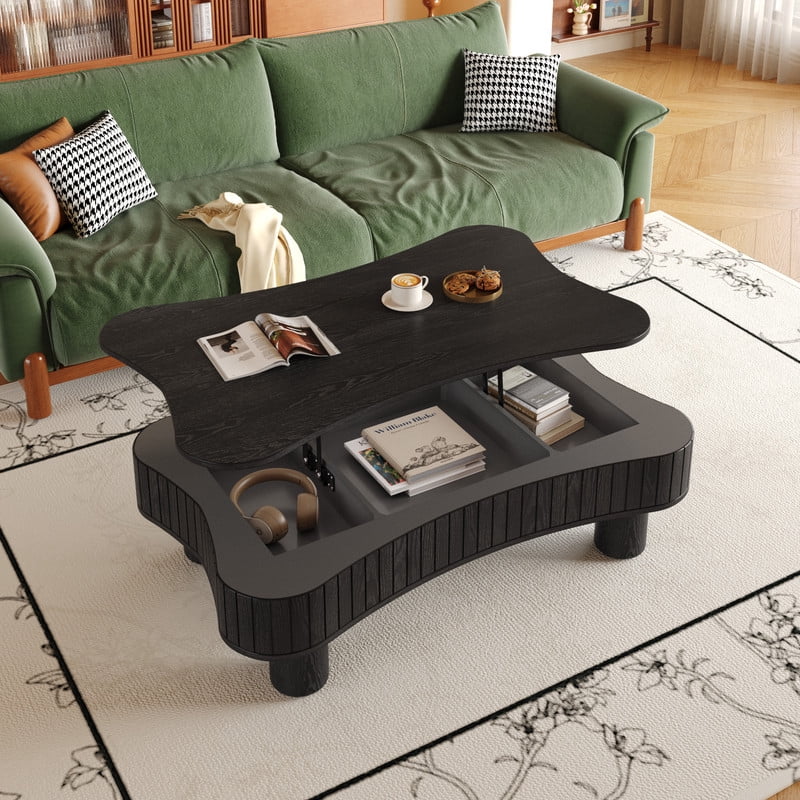 42" Lift Top Coffee Table with Hidden Storage, Fluted Panel Center Table with Hydraulic Lift, Rounded Corners, Wood Living Room Coffee Table for Small Spaces, Black