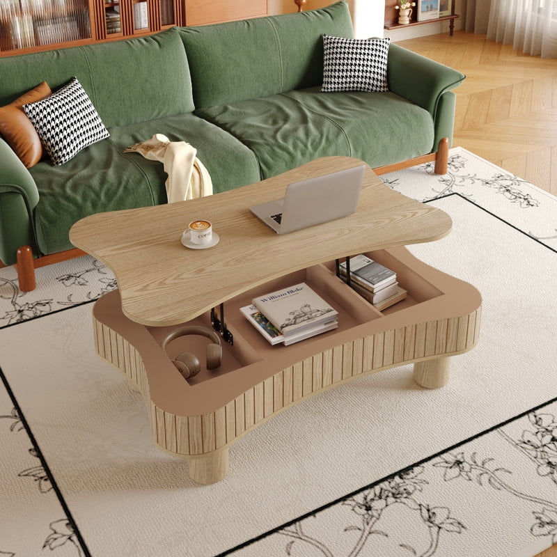 42" Lift Top Coffee Table with Hidden Storage, Fluted Panel Center Table with Hydraulic Lift, Rounded Corners, Wood Living Room Coffee Table for Small Spaces,Natural Wood