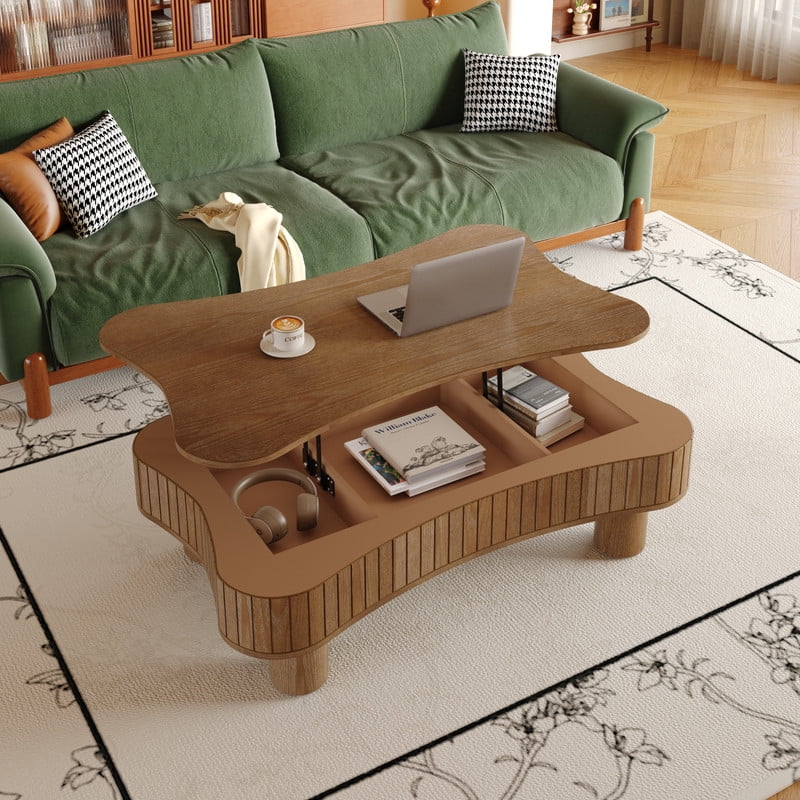 42" Lift Top Coffee Table with Hidden Storage, Fluted Panel Center Table with Hydraulic Lift, Rounded Corners, Wood Living Room Coffee Table for Small Spaces,Walnut
