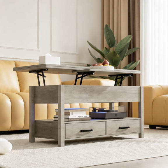 42" Lift Top Coffee Table with LED, 4-in-1 Multifunctional Coffee Table with Drawers and Hidden Compartments, Converts to Dining Table for Living Room, Reception Room, Grey