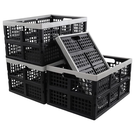 42 Liter Collapsible Storage Crates, Large Black Plastic Stackable Crates, 4 Pack