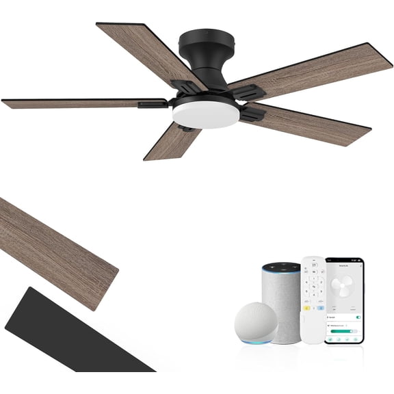 42" Low Profile Ceiling Fan with Lights Remote,6 speed Quite DC ,WIFI Voice Control via Alexa App,Dimmable LED,Outdoor Indoor Flush Mount Fans for Small Bedroom Patio Porch,Black&Walnut