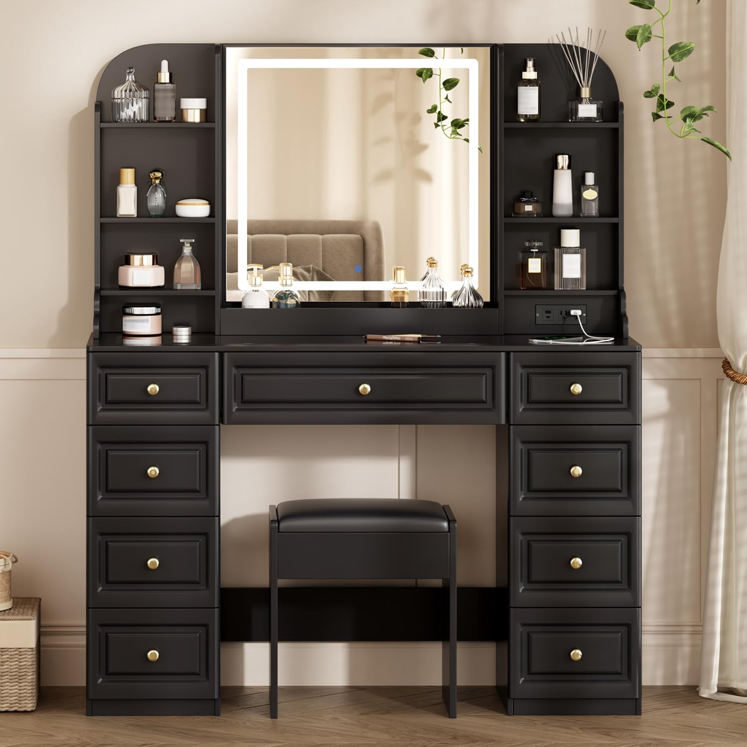 42" Makeup Vanity Desk with Mirror and Lights, & Power Outl,Glass Top