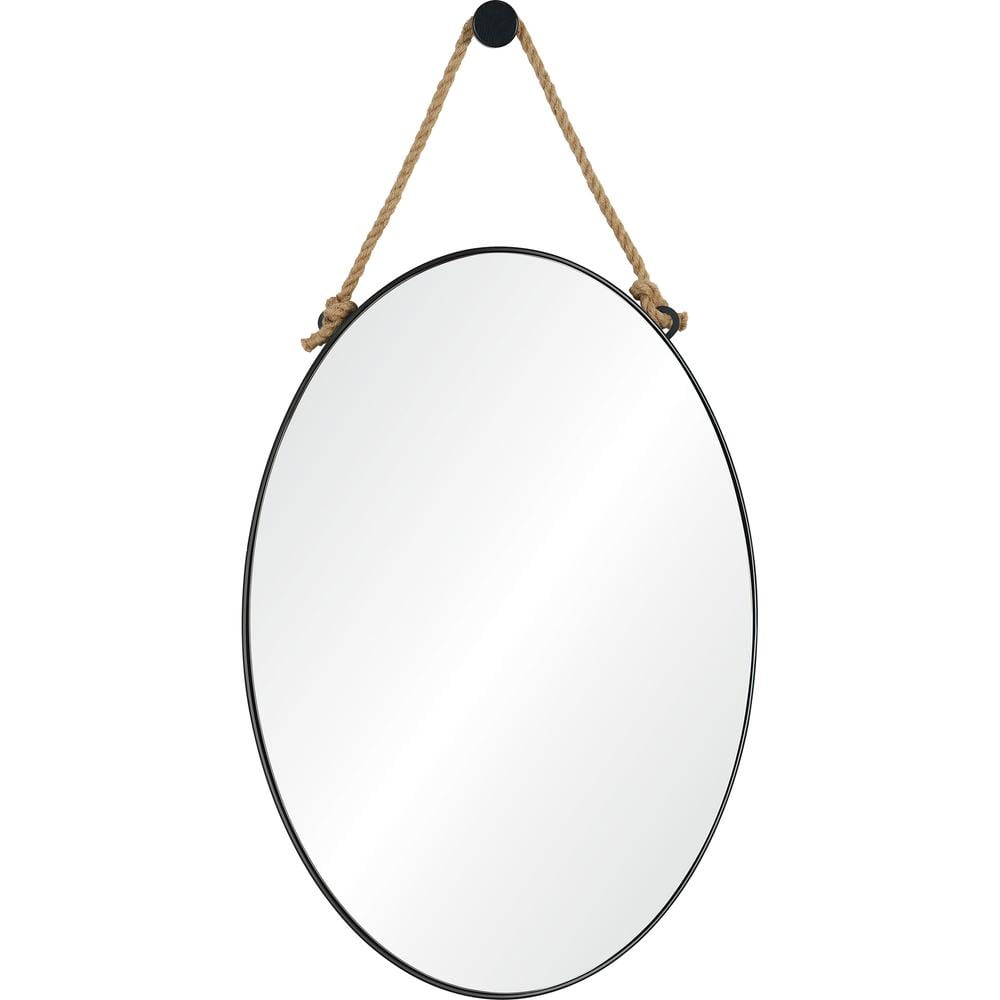 Black Oval Iron Wall Mirror with Hemp Rope