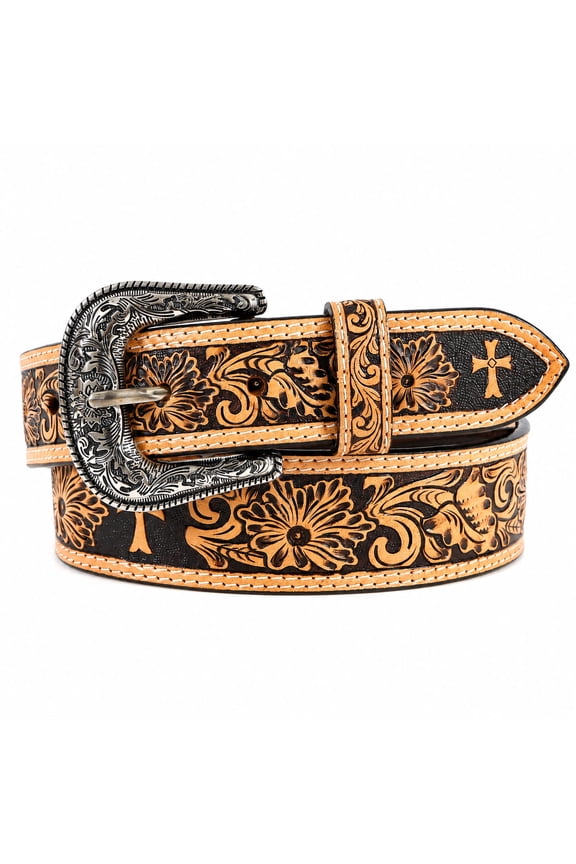 42" Mens Western 1-3/4" Tapered Tan Leather Tooled Floral Cross Belt 26FK124T