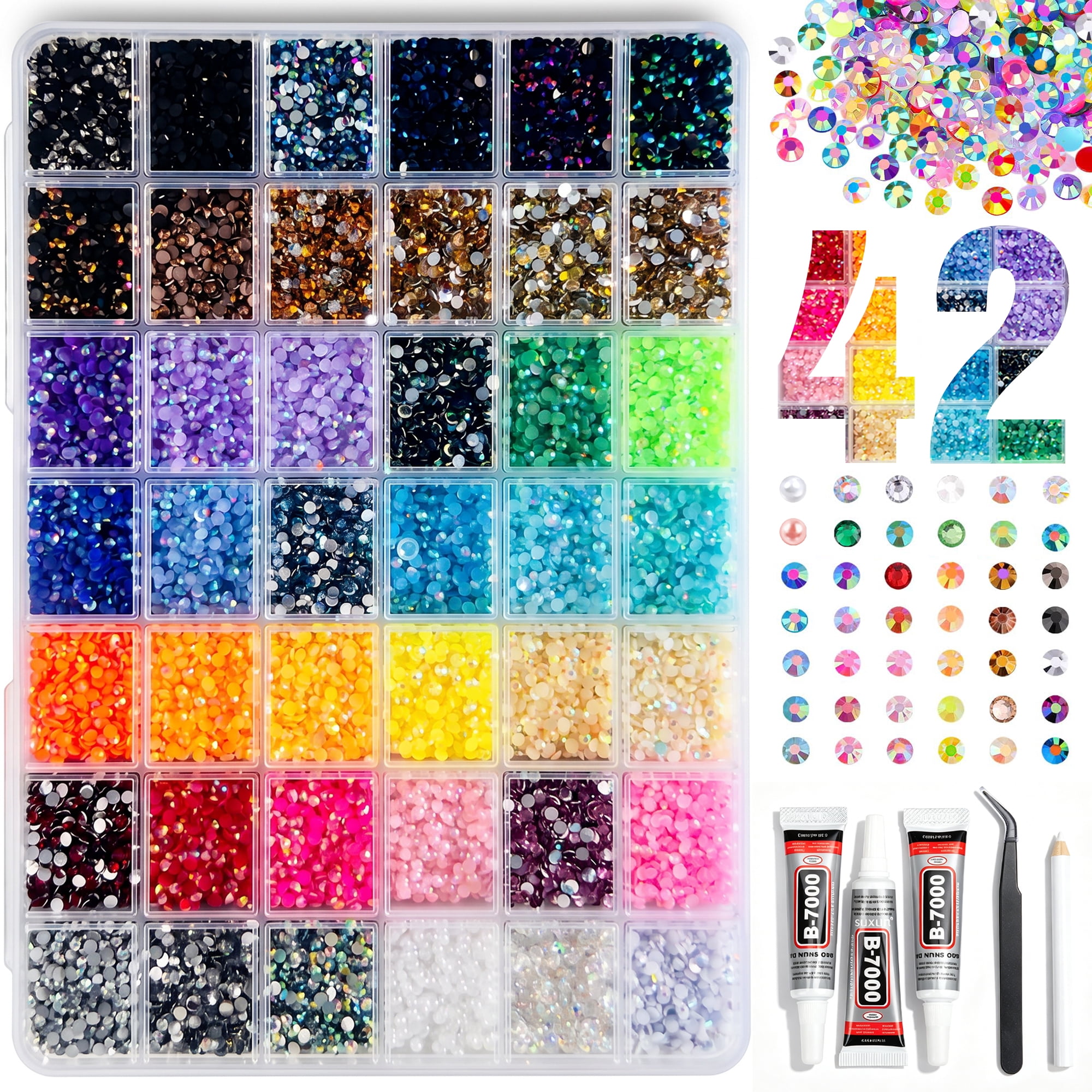 42 Mixed Colors Resin Jelly Rhinestones with Tweezers for Crafting, 32,000Pcs 3mm Bedazzling Crystals for DIY Crafts, Clothing, Tumblers, Mugs, Shoes, Fabric Decor, Nail Art, Makeup