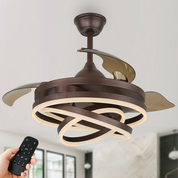 42" Modern Coffee Retractable Ceiling Fan with Dimmable Light Kit and Remote Control, DIY Shape Ceiling Fan with 6-Speed and Reversible Blades