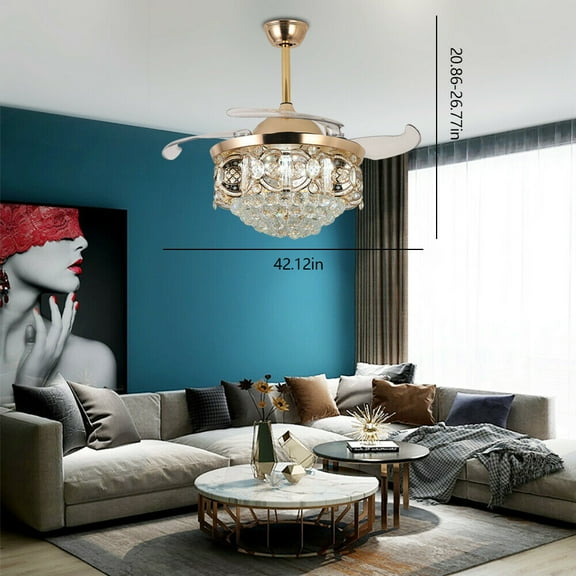 42" Modern Crystal LED Invisible Ceiling Fan Chandelier Lamp Gold Light Remote 42" Crystal Chandelier Ceiling Fan Light Invisible Blade LED Lamp Timing &Remote Luxury 42" Crystal Ceiling Fan Light LED