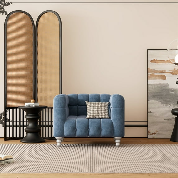 42" Modern Dutch Fluff Sofa, Upholstered Sofa with Solid Wood Legs, Buttoned Tufted Backrest, Vintage Tufted Couch for Living Room, Bedroom, Office, Apartment, Blue