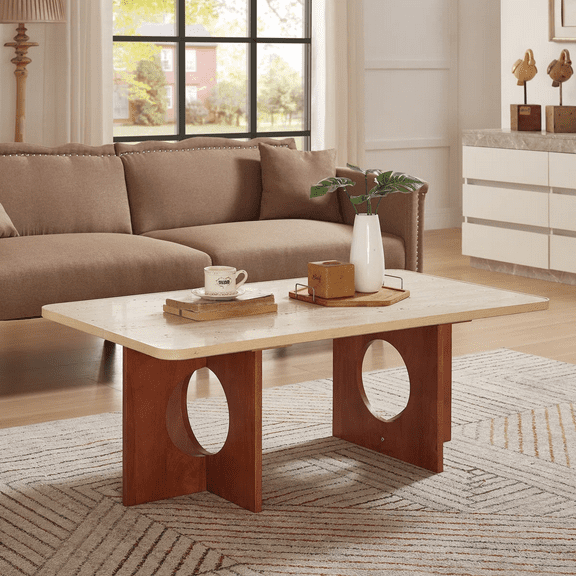 42" Modern Travertine Textured Coffee Table  Rectangular Wabi-sabi Stone Top & Natural Rubberwood Legs, Minimalist Center Coffee Table For Living Rooms