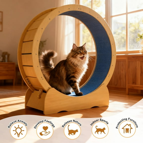 42" Natural Solid Wood Cat Exercise Wheel - Ultra Quiet, Detachable & Safe Indoor Treadmill for Large Cats, Pet Fitness & Weight Management