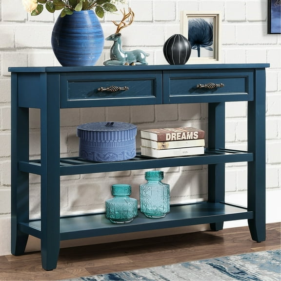 42'' Navy Blue Console Table With Drawers And Shelves, Mid-century Style Solid Wood Sideboard For Living Room Furniture 2 Storage Buffet In Bedroom Decoration