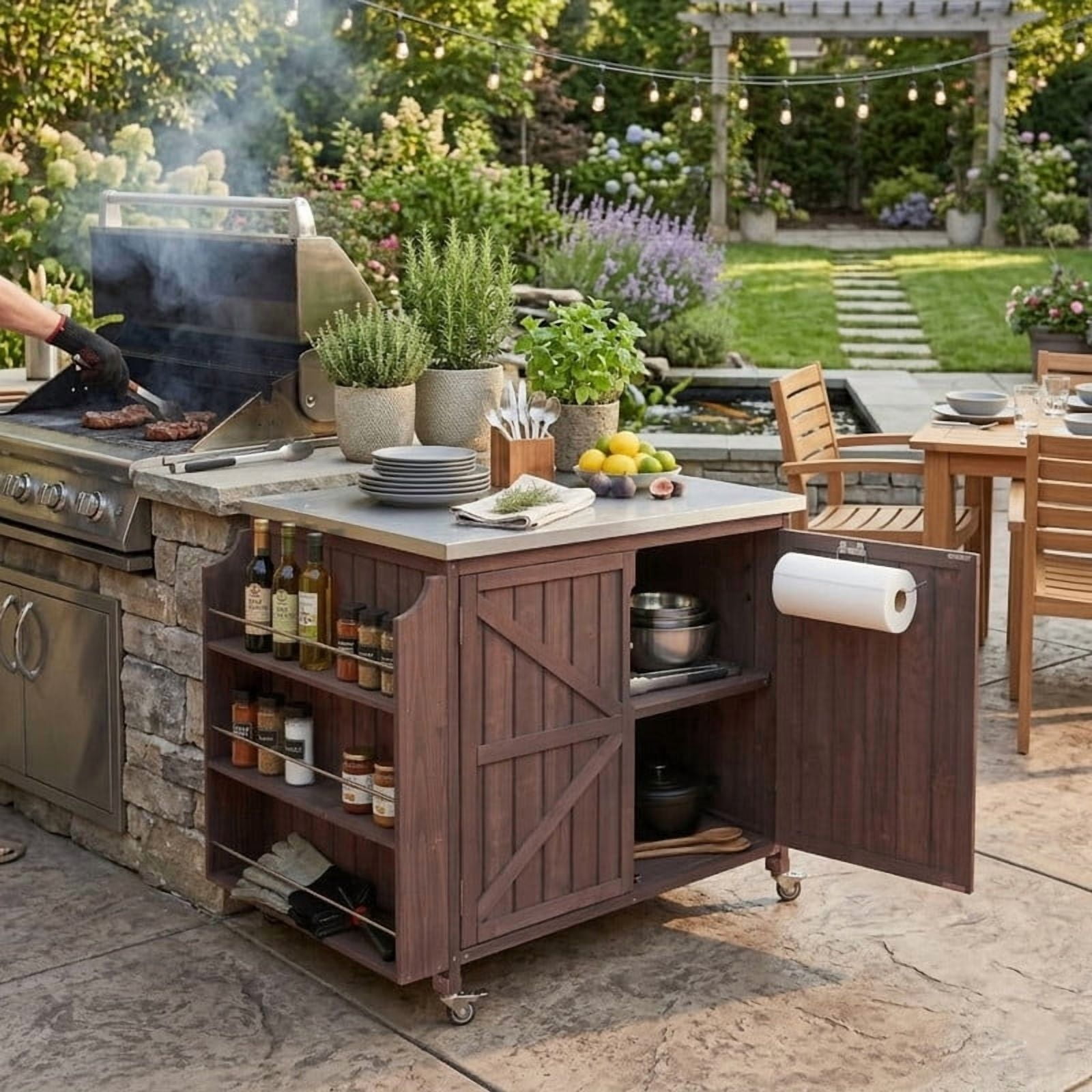 42" Outdoor Kitchen Island with Stainless Steel Top, Fir Wood Grill Cart Outdoor Storage Cabinet with Adjustable Shelf and 4 Wheels