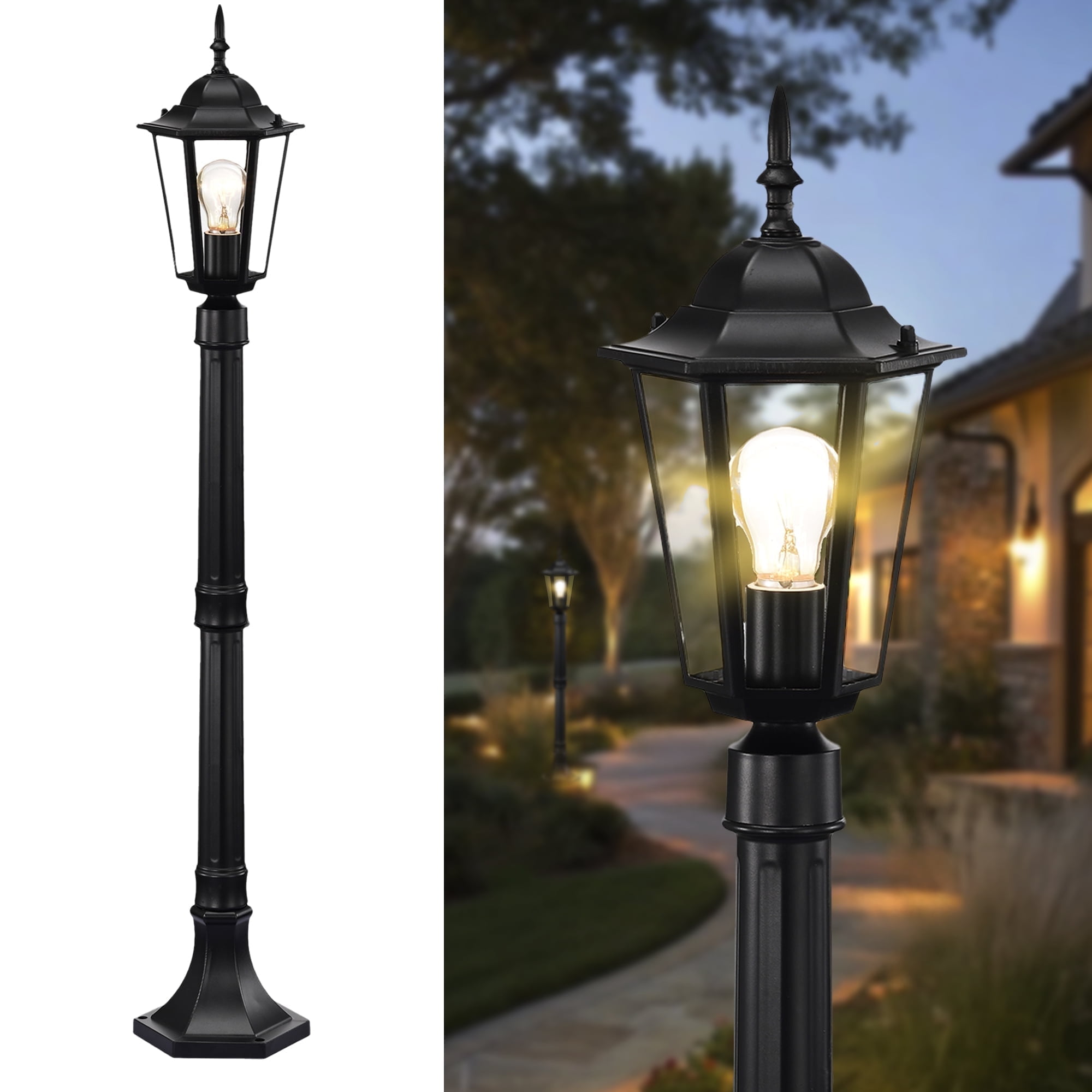 Outdoor Lamp Post Light 42", Adjustable Height Waterproof Post Light Fixture with ClearGlass, Aluminum Outdoor Pole Light for Yard, Garden & Driveway