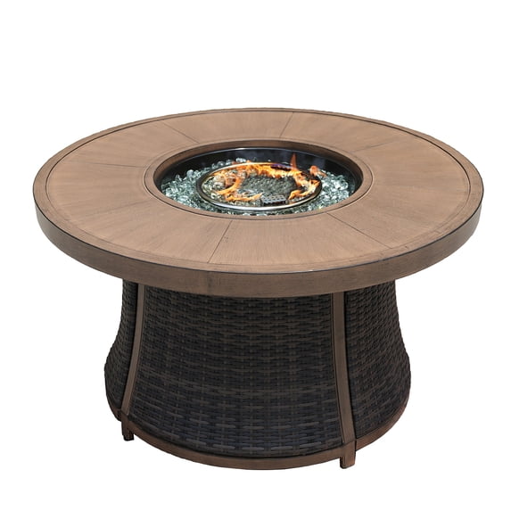 42" Outdoor Wicker Round Propane Gas Fire Pit Table, Brown Dining Table