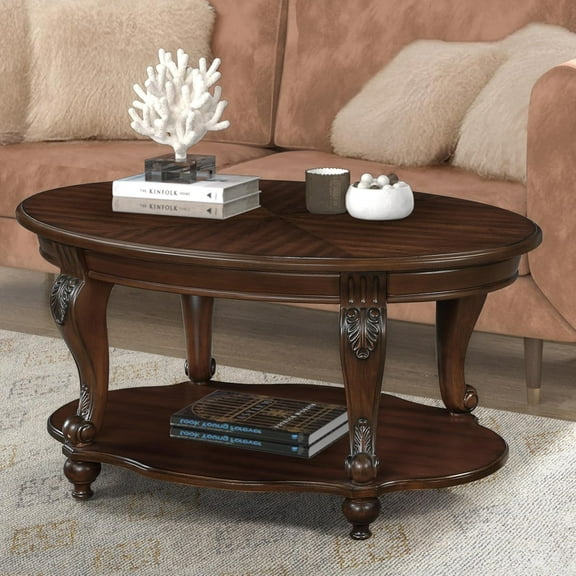 42" Oval Coffee Table with Storage Shelf, 2-Tier Solid Wood Cocktail Tea Table, Traditional Retro Center Table for Living Room, Bearing 400LBS, Cherry