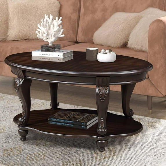 42" Oval Coffee Table with Storage Shelf, 2-Tier Solid Wood Cocktail Tea Table, Traditional Retro Center Table for Living Room, Bearing 400LBS, Espresso