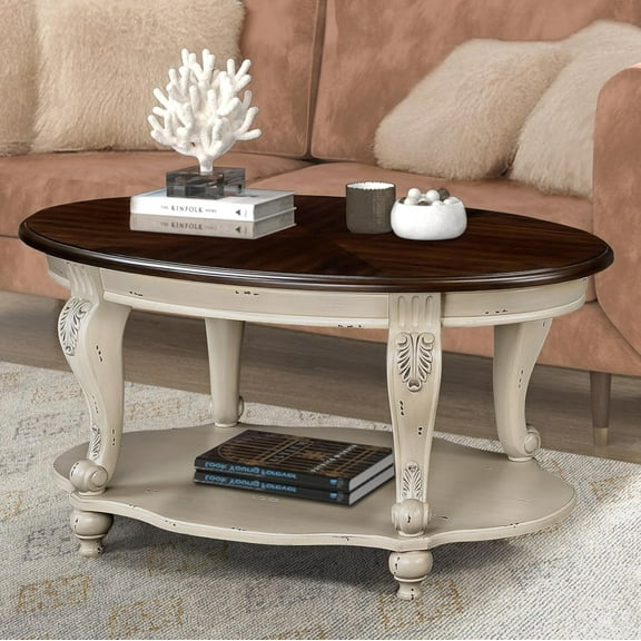 42" Oval Coffee Table with Storage Shelf, 2-Tier Solid Wood Cocktail Tea Table, Traditional Retro Center Table for Living Room, Bearing 400LBS, Beige