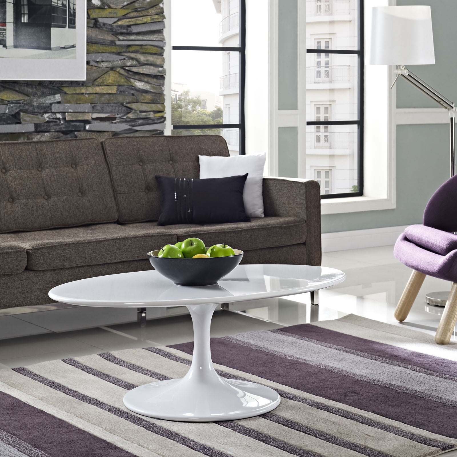 White Oval Wood and Metal Coffee Table, 42"