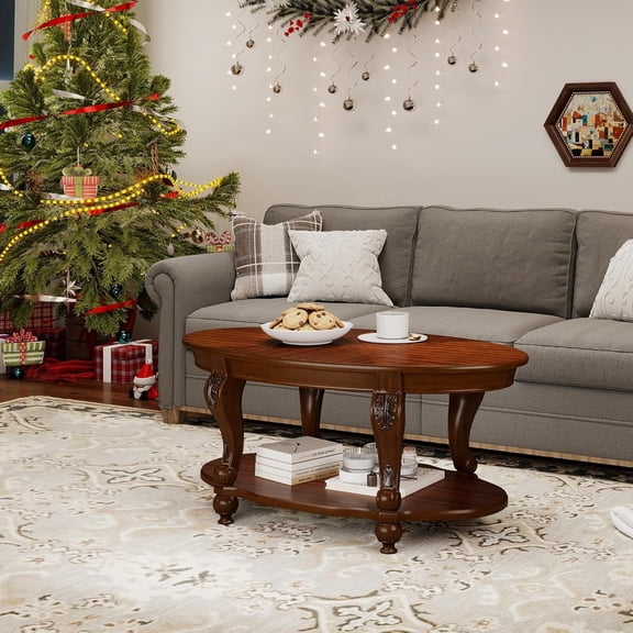 42" Oval Solid Wood Coffee Table - Vintage Cherry Cocktail Table with Carved Legs & Open Storage Shelf