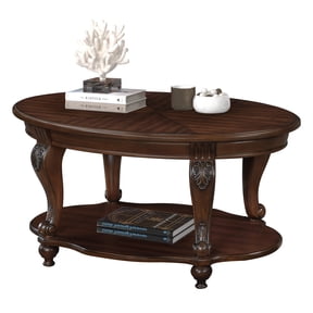 42'' Oval Wood Coffee Table for Living Room, 2-Tier Solid Wood Cocktail Table with Open Storage Shelf, Easy Assembly, Cherry