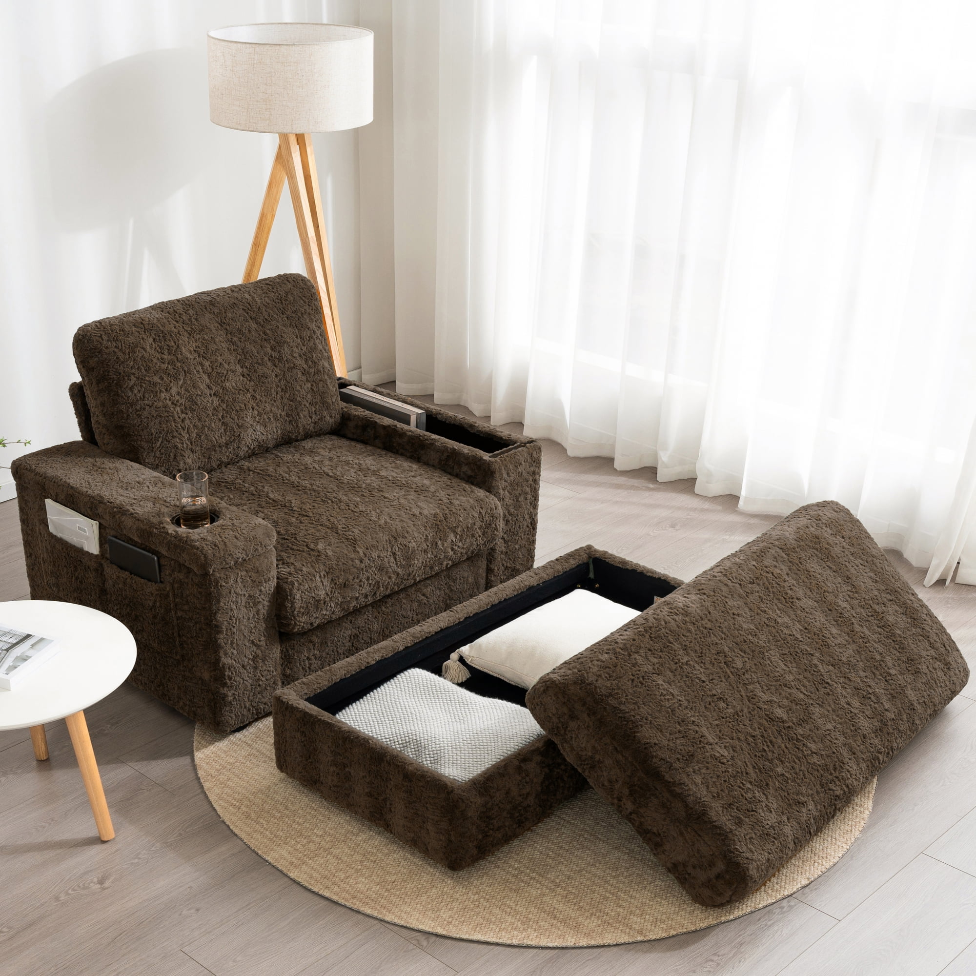 42" Oversized Chaise Lounge Chair Indoor,Upholstered Accent Chair Armchair with Storage Ottoman and Cup Holders, Reading Couch with Deep Seat for Living Room,Bedroom,Brown