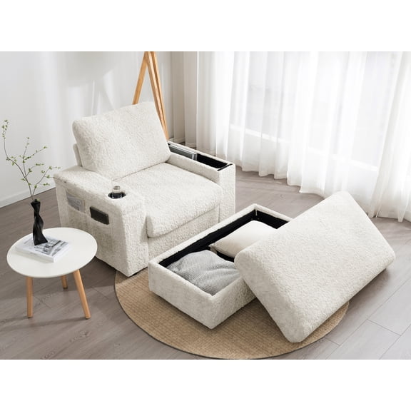 42" Oversized Chaise Lounge Indoor,Faux Rabbit Fur Sofa Bed with Storage Ottoman and Armrests,Cup Holders,Upholstered Sleeper Chair,Reading Couch with Deep Seat Beige