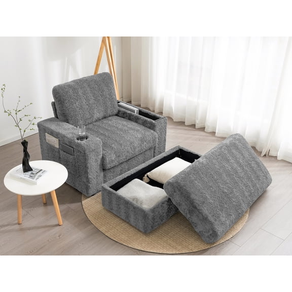 42" Oversized Chaise Lounge Indoor,Faux Rabbit Fur Sofa Bed with Storage Ottoman and Armrests,Cup Holders,Upholstered Sleeper Chair,Reading Couch with Deep Seat Gray