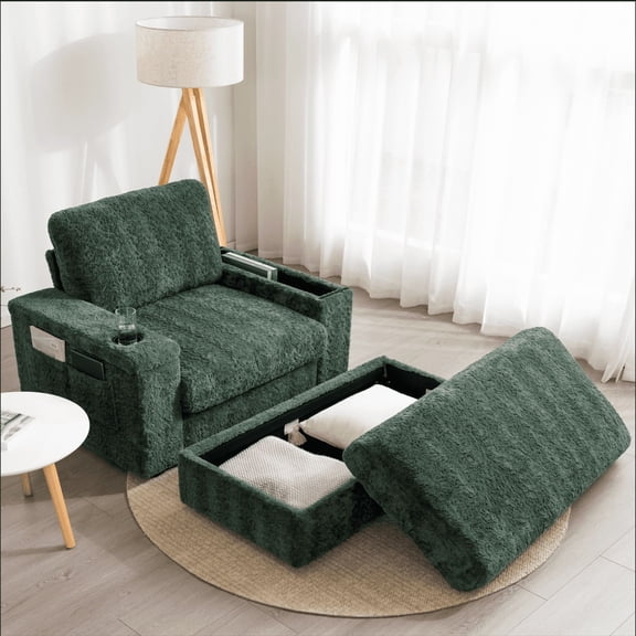 42" Oversized Chaise Lounge Indoor,Faux Rabbit Fur Sofa Bed with Storage Ottoman and Armrests,Cup Holders,Upholstered Sleeper Chair,Reading Couch with Deep Seat Green