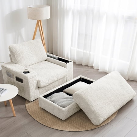 42" Oversized Single Sofa, Faux Rabbit Fur Armchair with Cup Holders, Upholstered Chaise Lounge with Storage Ottoman and Armrests, Sleeper Reading Couch with Deep Seat for Living Room, Apartment