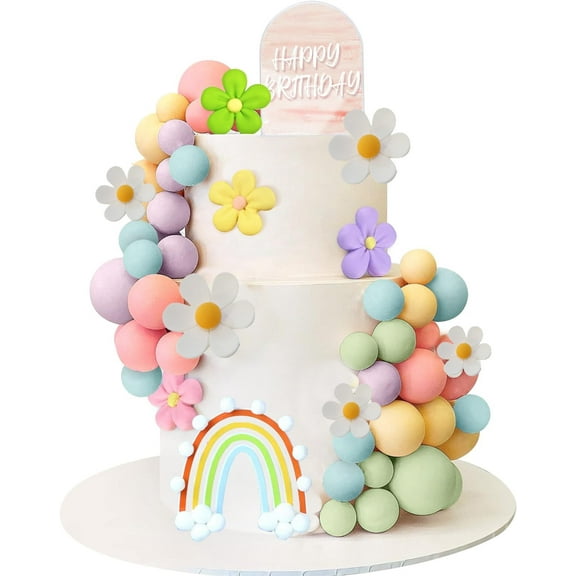 42 PCS Boho Blue Dog Cake Topper Groovy Cake Topper Mini Balls Acrylic Cake Topper Retro Hippie Daisy Flower Cake Topper for Cake Decorating Boho Groovy Wedding Party Supplies