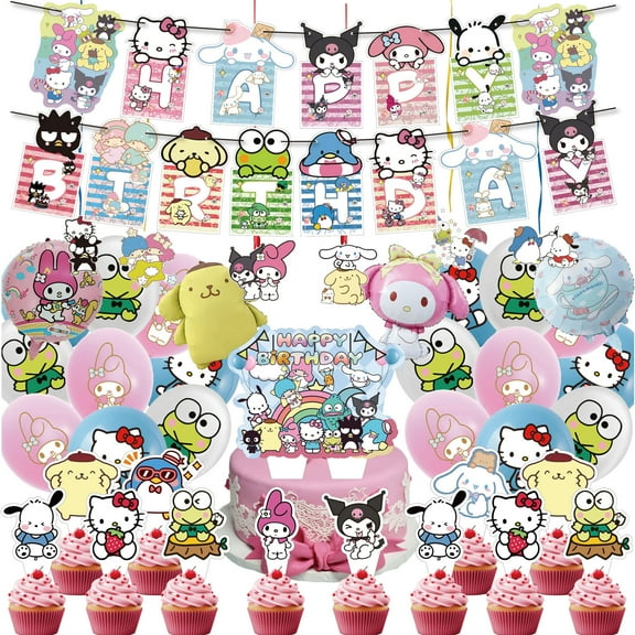 42 PCS For Hello Cartoon Themed Kitty Party Supplies Melody and Favors Set Kuromi Banner,13 Cupcake Toppers, and 22 Balloons, 6 Spiral Ornament for Birthday Celebration Parties Decorations
