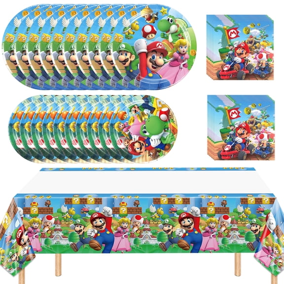 42 PCS Mario Birthday Tableware Set Includes Tablecloth 20PCS Paper Plates 20 PCS Napkins and 2 Tablecloth