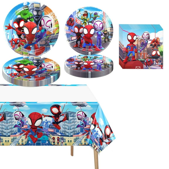 42 PCS Spidey Tableware Sets, Spidey Birthday Party Paper Plates and Napkins Set Includes 20 PCS Plates, 20 PCS Napkins, 2 PCS Tablecloth for Birthday Party Supplies